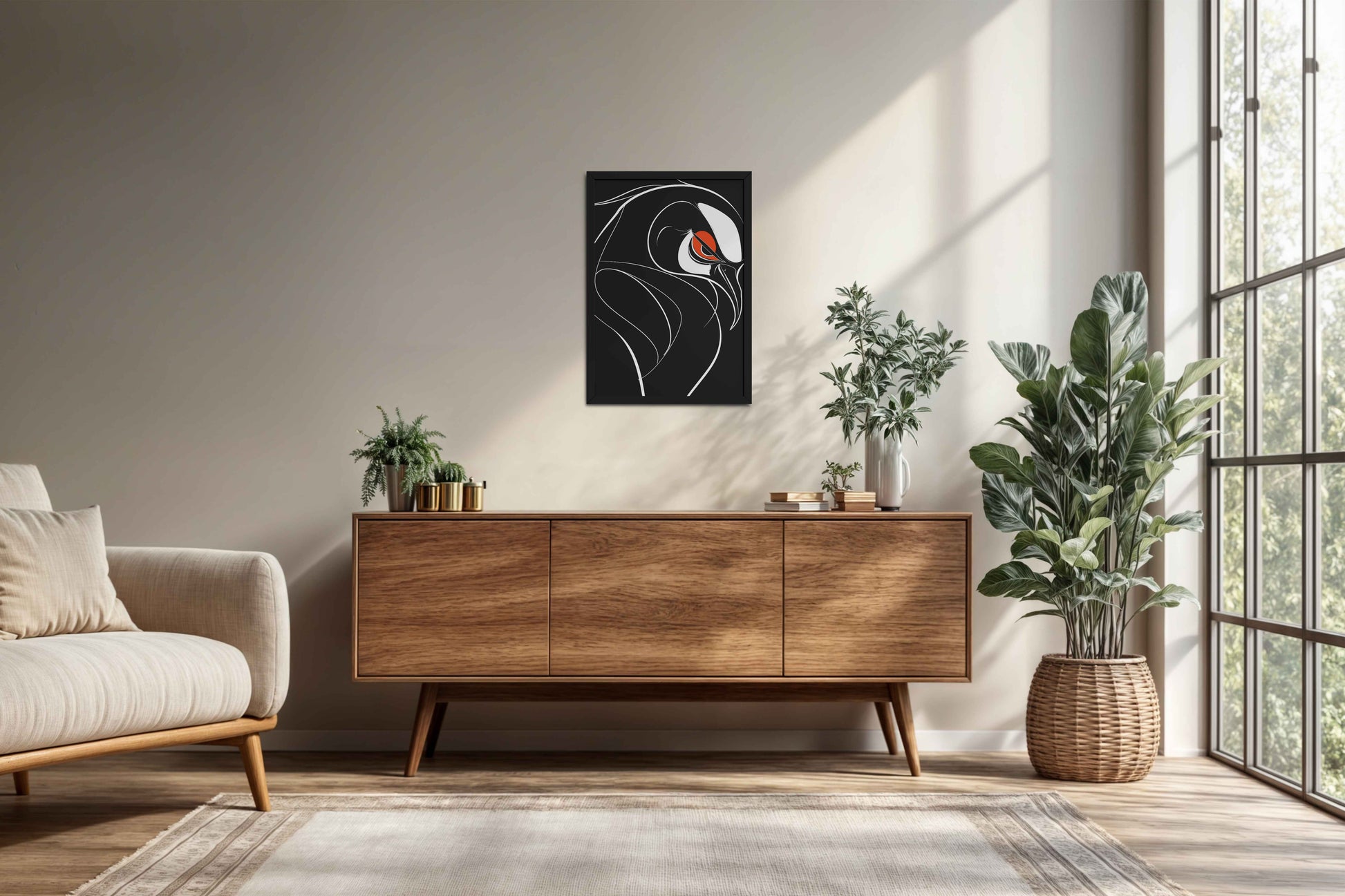 Living Room Cabinet Preview of Silent Predator – Black and White Bird Line Art in Black Color Frame