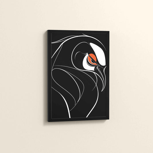 Side View of Silent Predator – Black and White Bird Line Art in Black Color Frame