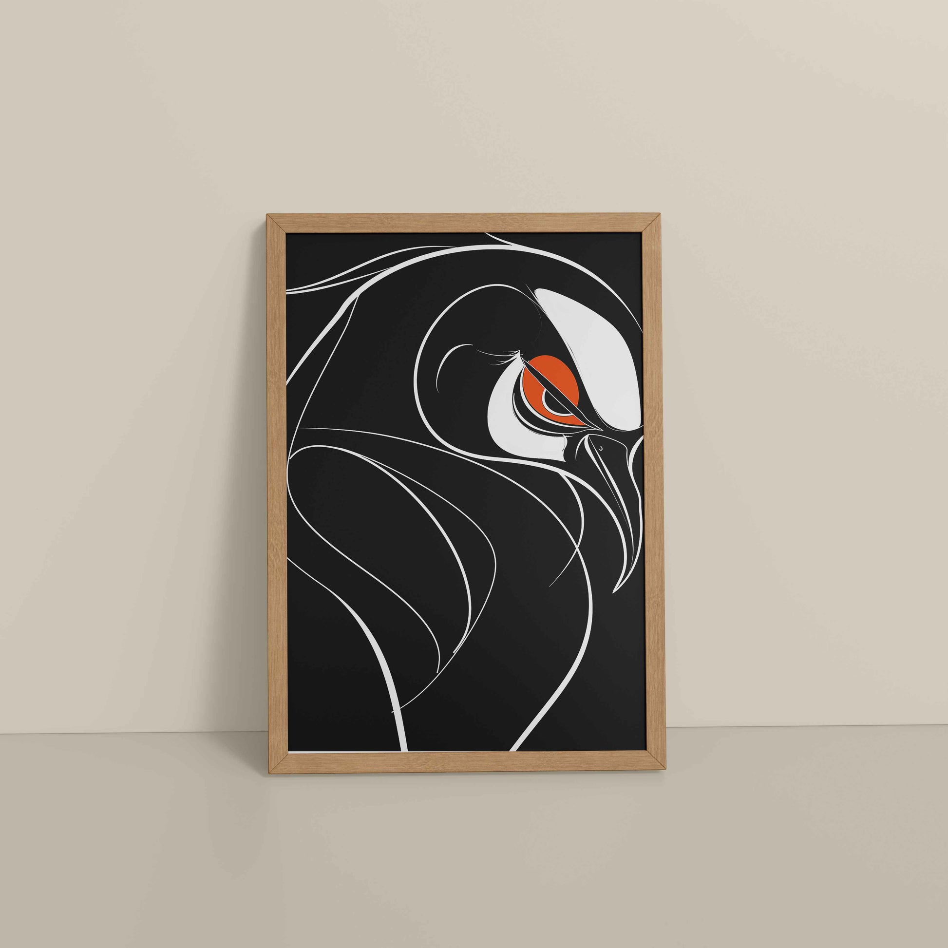 Floor View of Silent Predator – Black and White Bird Line Art in Natrual Color Frame