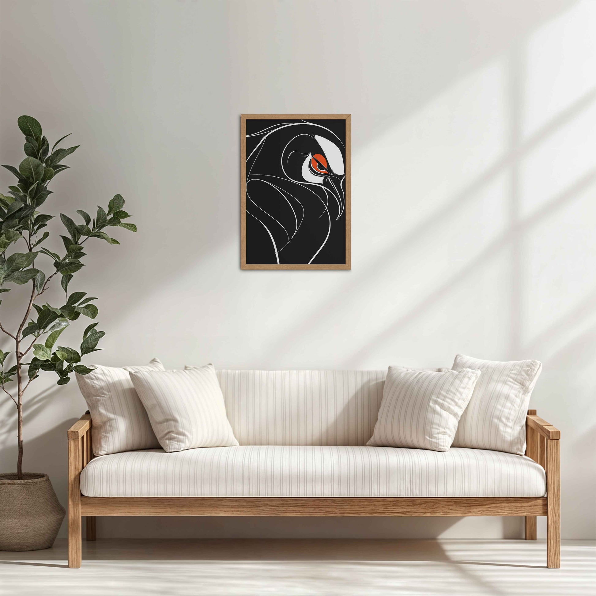 Living Room Cabinet Table Preview of Silent Predator – Black and White Bird Line Art in Natrual Color Frame