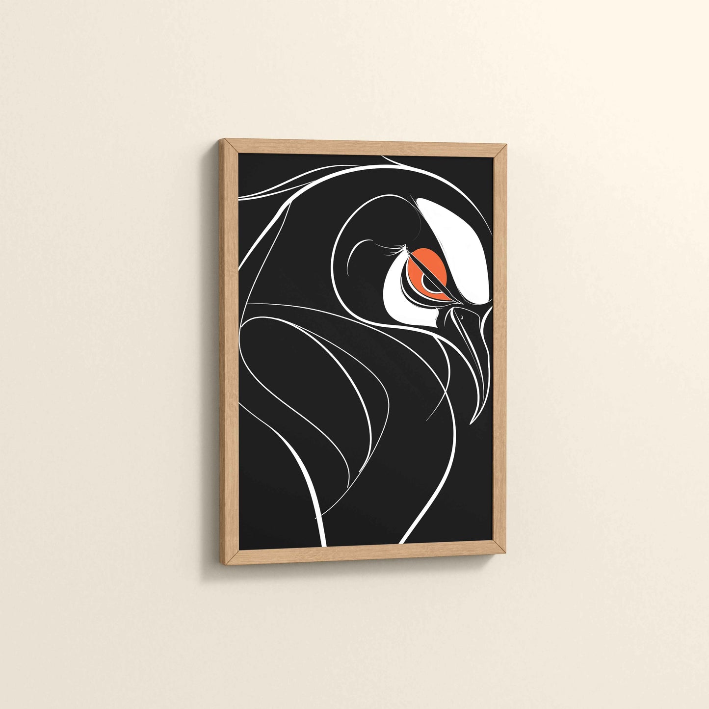 Side View of Silent Predator – Black and White Bird Line Art in Natrual Color Frame