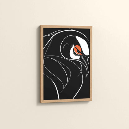 Side View of Silent Predator – Black and White Bird Line Art in Natrual Color Frame