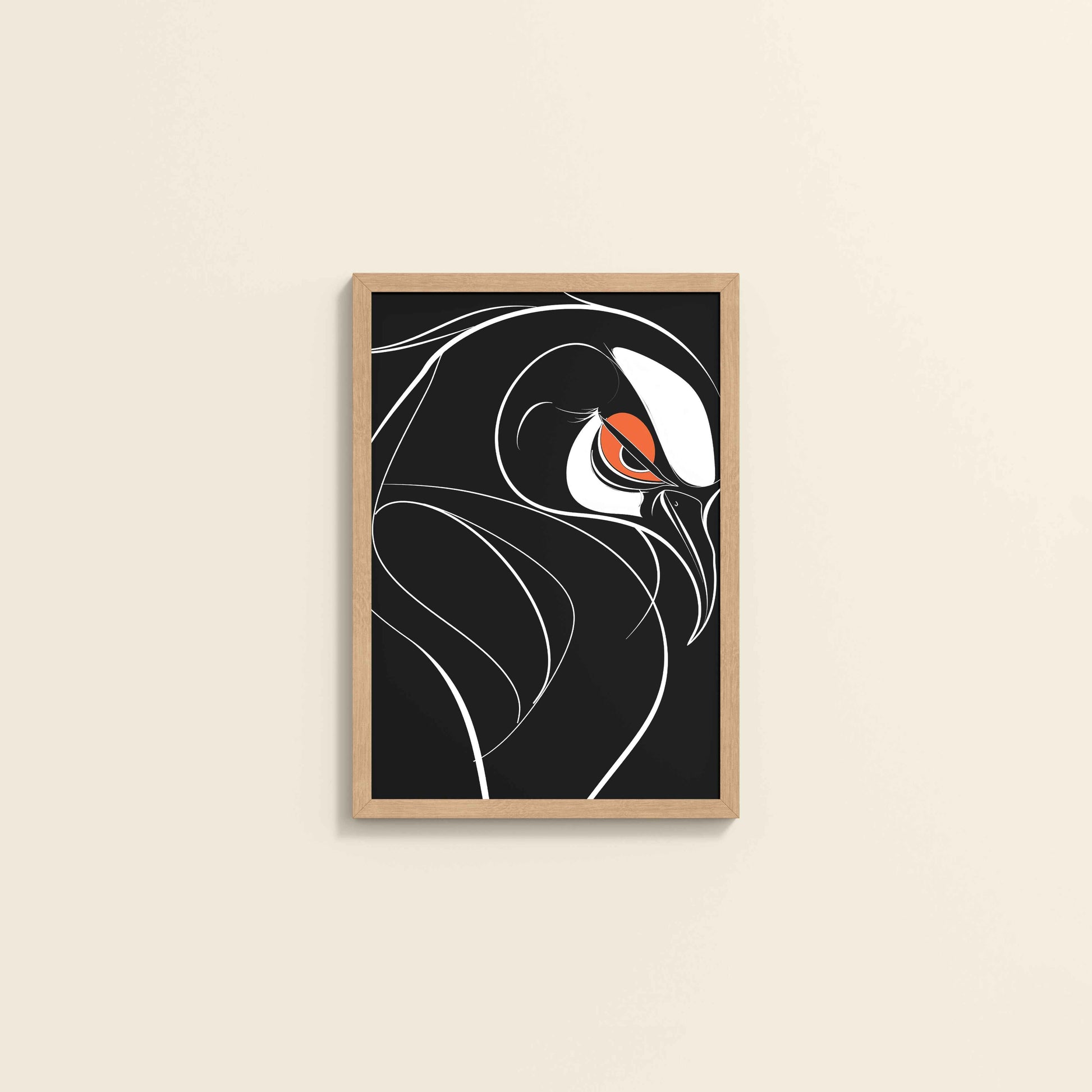 Wall View of Silent Predator – Black and White Bird Line Art in Natrual Color Frame