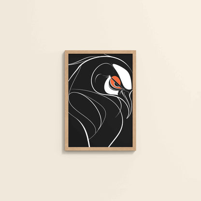 Wall View of Silent Predator – Black and White Bird Line Art in Natrual Color Frame