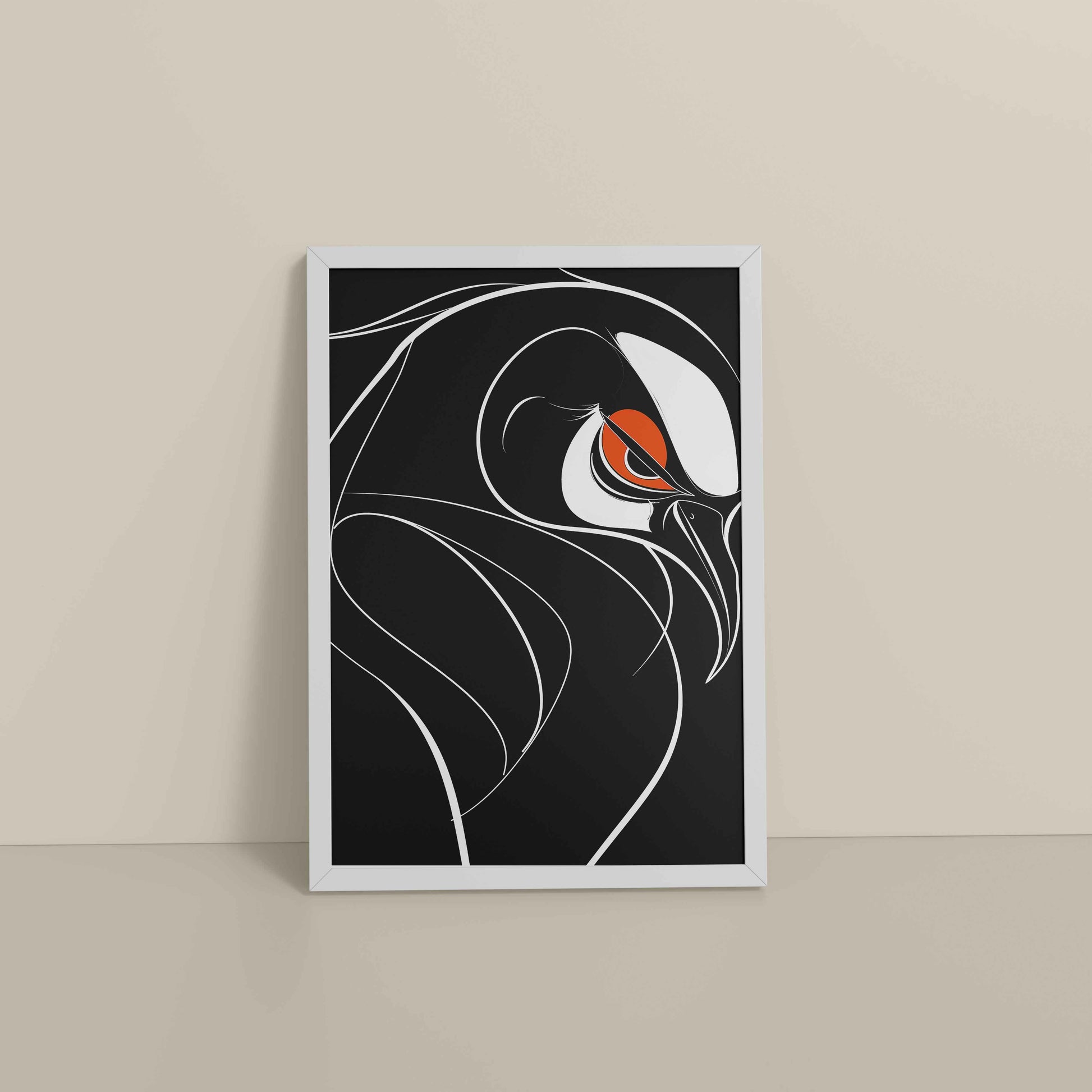 Floor View of Silent Predator – Black and White Bird Line Art in White Color Frame
