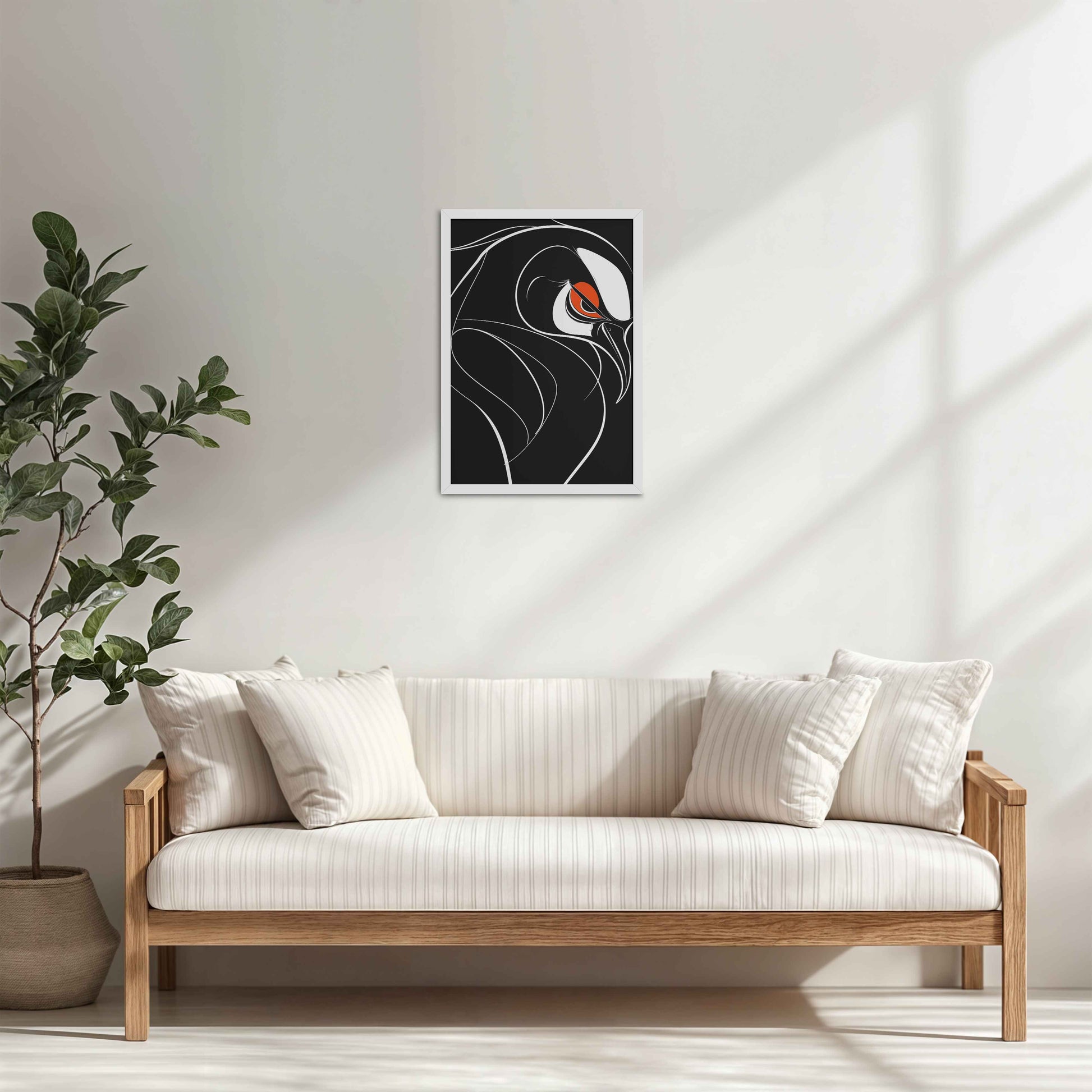 Living Room Cabinet Table Preview of Silent Predator – Black and White Bird Line Art in White Color Frame