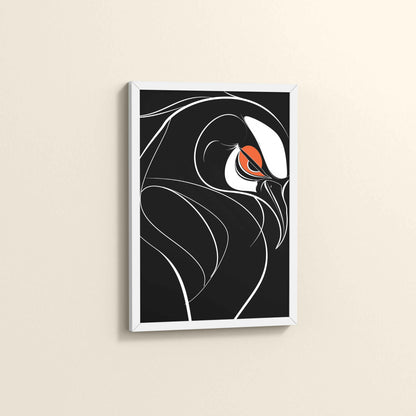 Side View of Silent Predator – Black and White Bird Line Art in White Color Frame