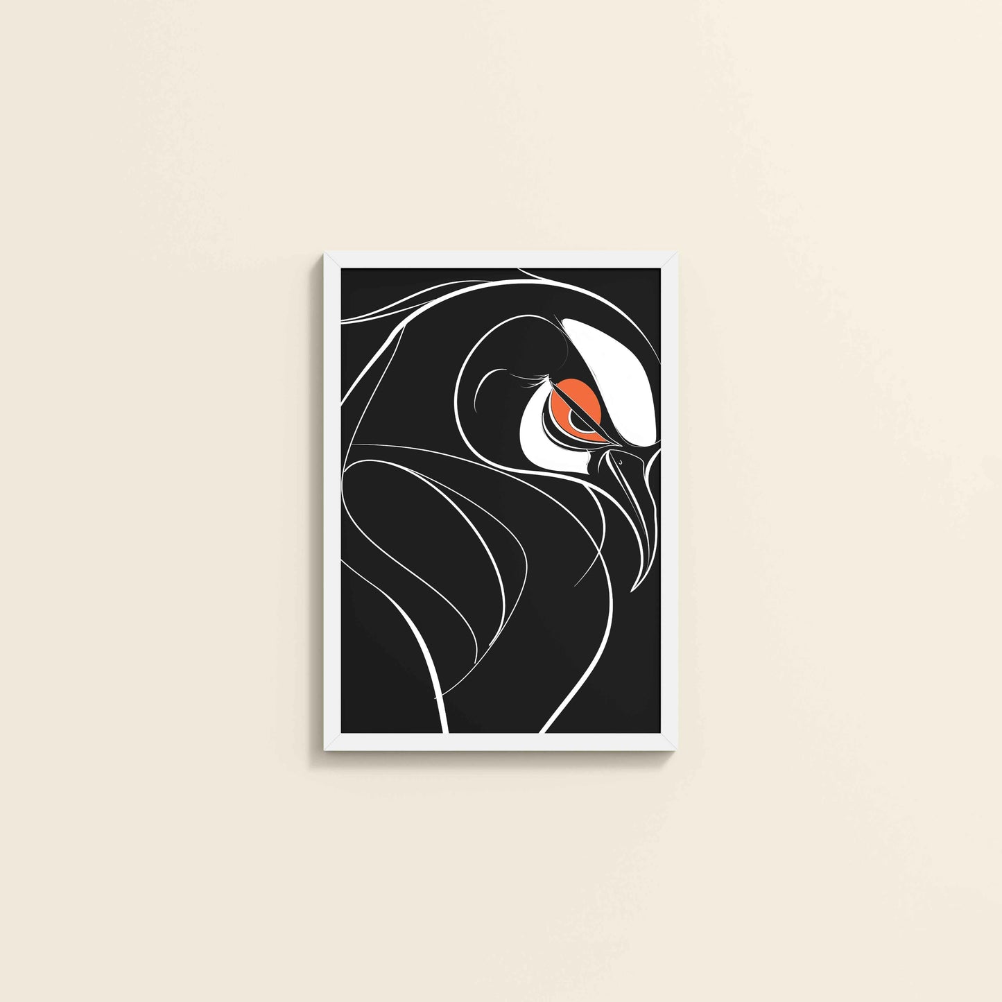 Wall View of Silent Predator – Black and White Bird Line Art in White Color Frame