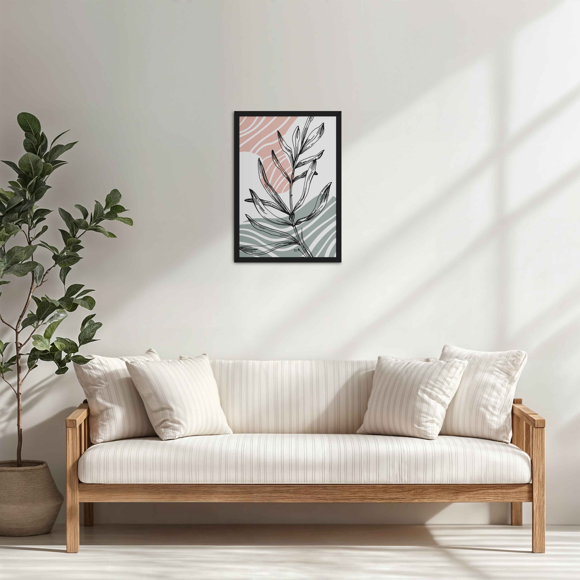 Living Room Cabinet Table Preview of Organic Flow – Minimalist Leaves Line Art Wall Decor in Black Color Frame