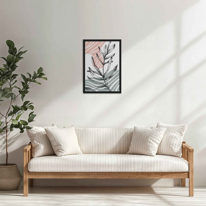 Living Room Cabinet Table Preview of Organic Flow – Minimalist Leaves Line Art Wall Decor in Black Color Frame