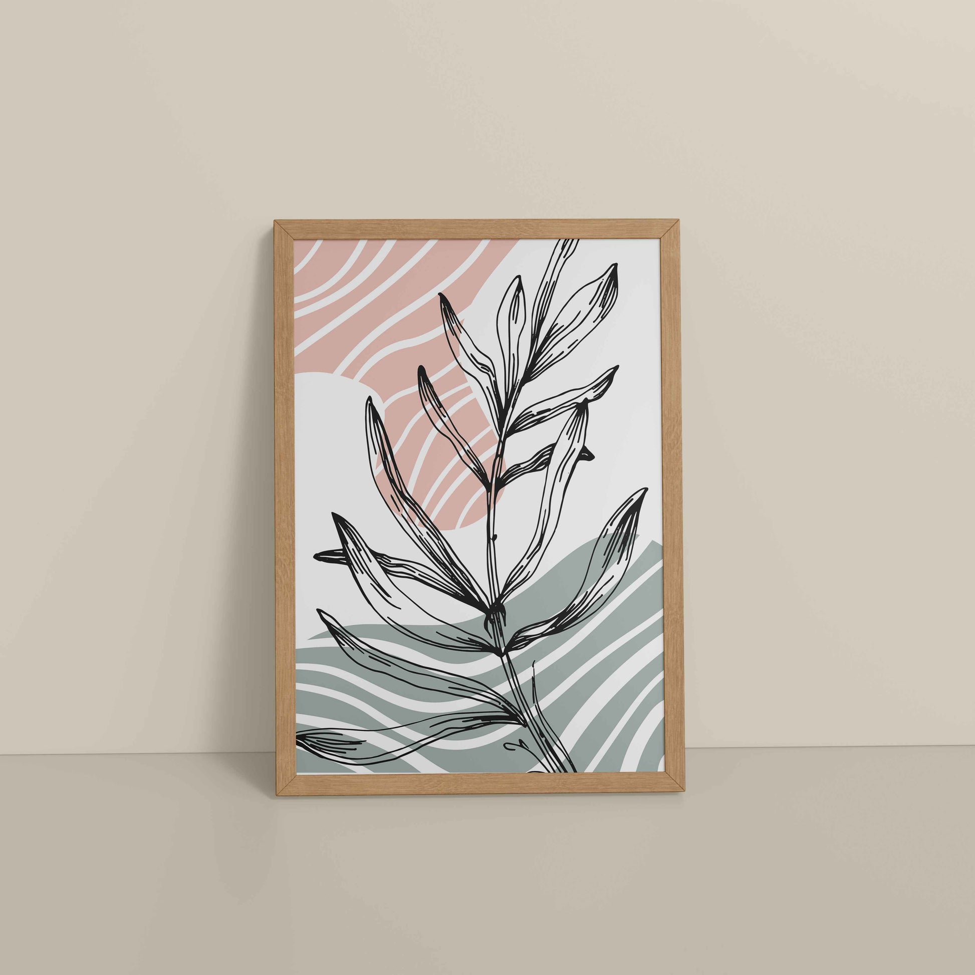 Floor View of Organic Flow – Minimalist Leaves Line Art Wall Decor in Natrual Color Frame
