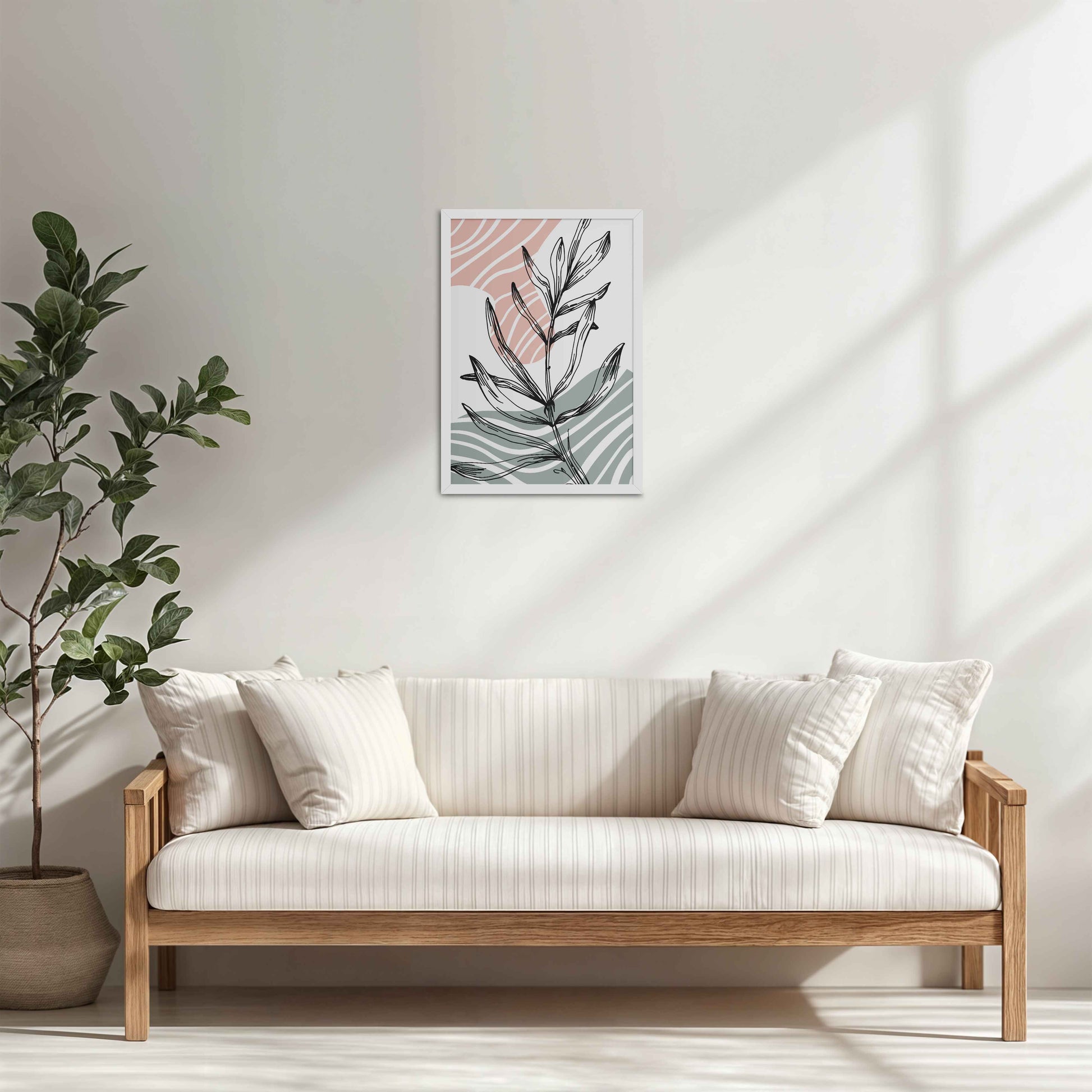 Living Room Cabinet Table Preview of Organic Flow – Minimalist Leaves Line Art Wall Decor in White Color Frame