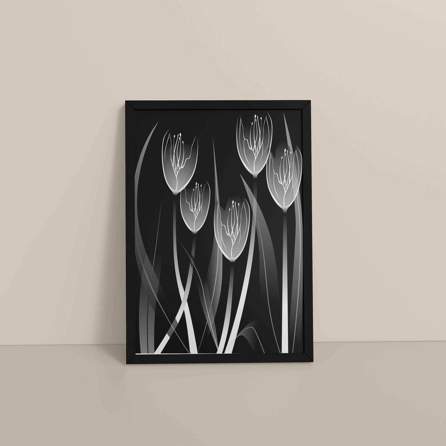 Floor View of Tulip Grace – Black & White Minimalist Flower Line Art in Black Color Frame