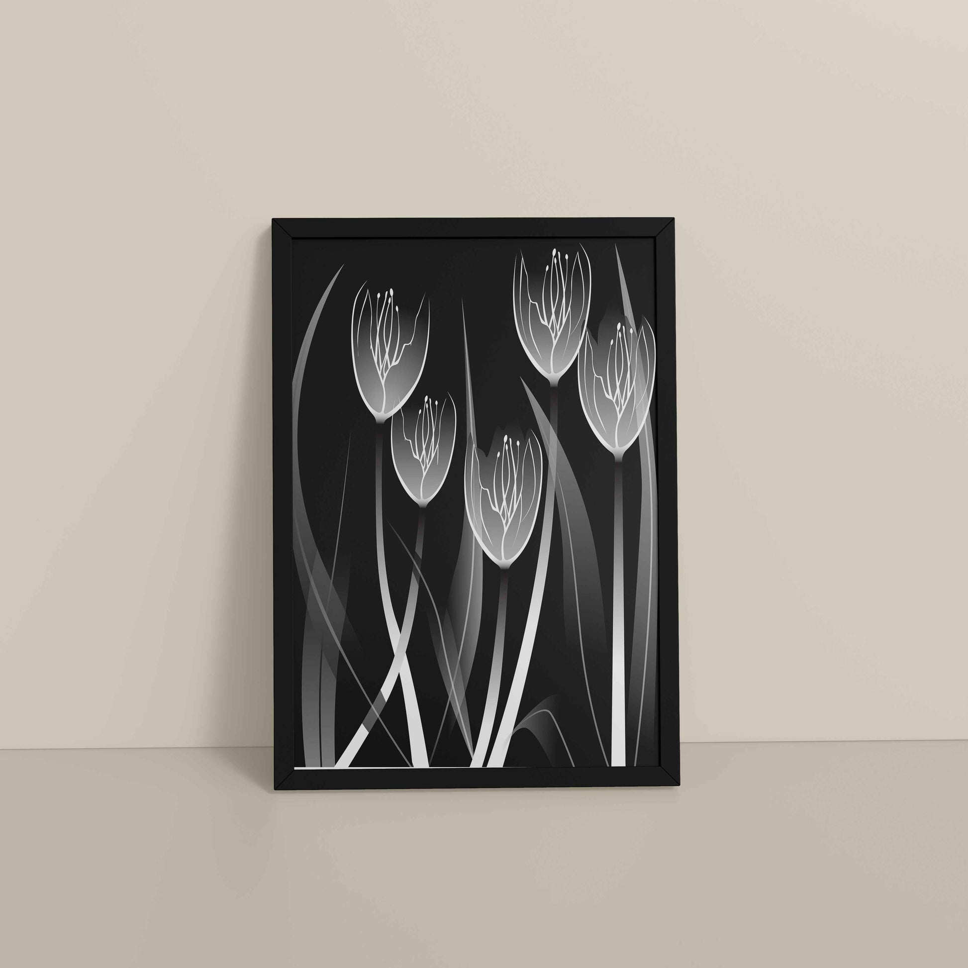 Floor View of Tulip Grace – Black & White Minimalist Flower Line Art in Black Color Frame