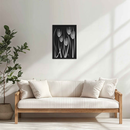 Living Room Cabinet Table Preview of Tulip Grace – Black & White Minimalist Flower Line Art in Black Color Frame