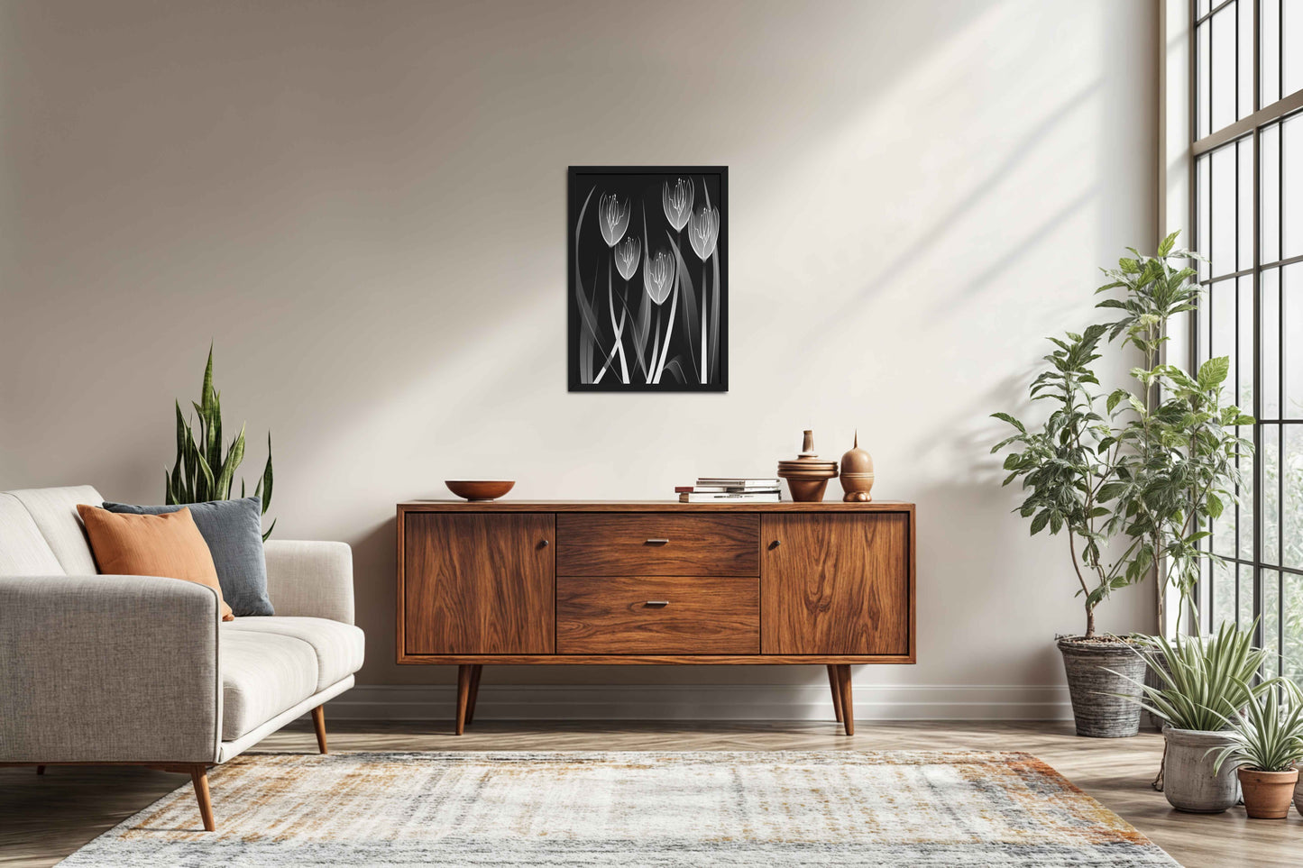 Living Room Sofa Preview of Tulip Grace – Black & White Minimalist Flower Line Art in Black Color Frame