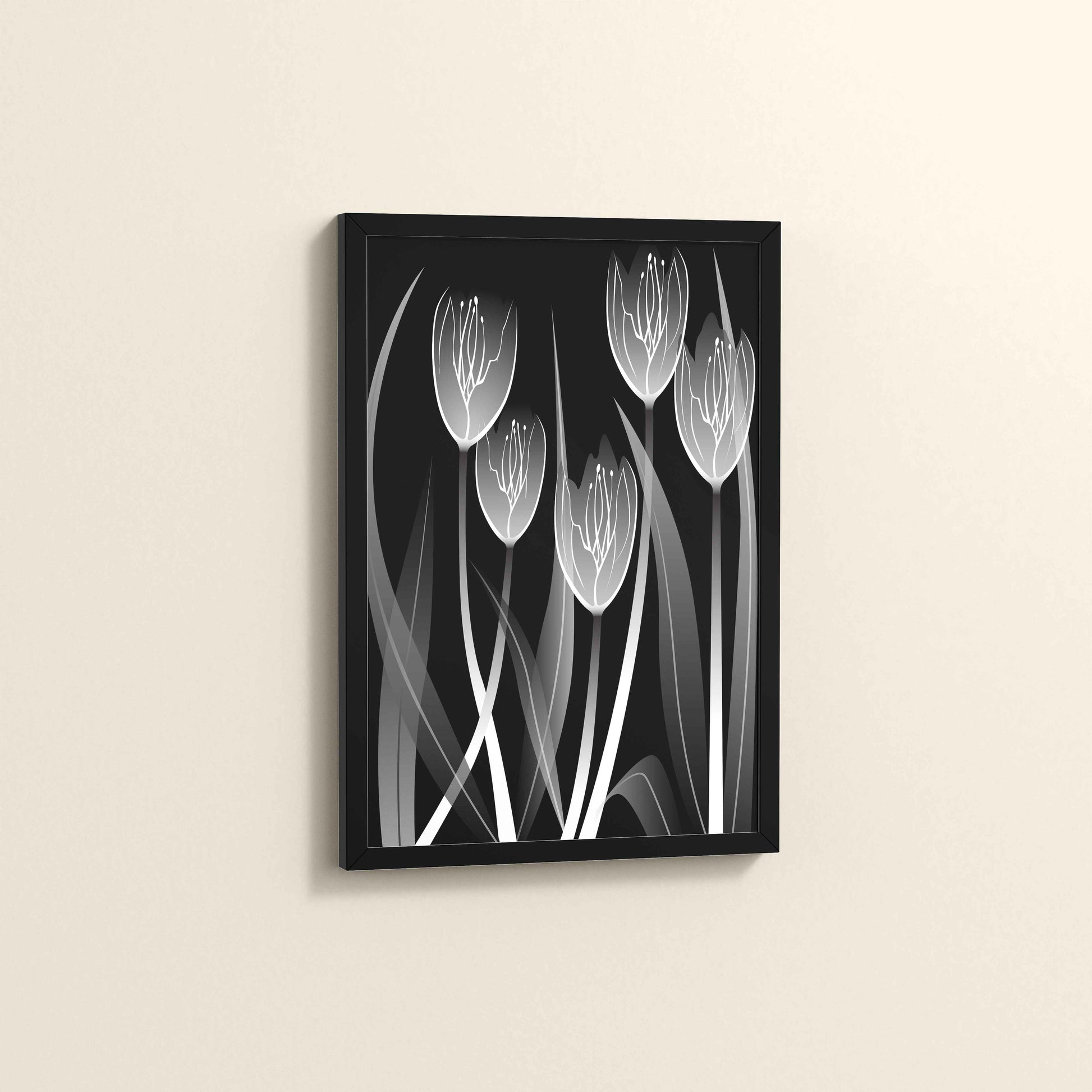 Side View of Tulip Grace – Black & White Minimalist Flower Line Art in Black Color Frame