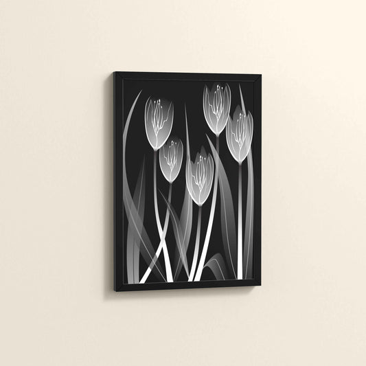 Side View of Tulip Grace – Black & White Minimalist Flower Line Art in Black Color Frame