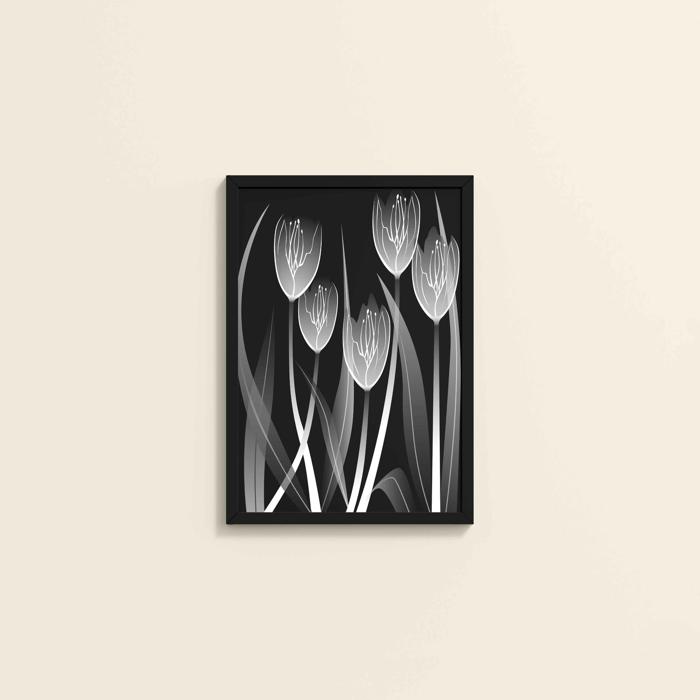Wall View of Tulip Grace – Black & White Minimalist Flower Line Art in Black Color Frame