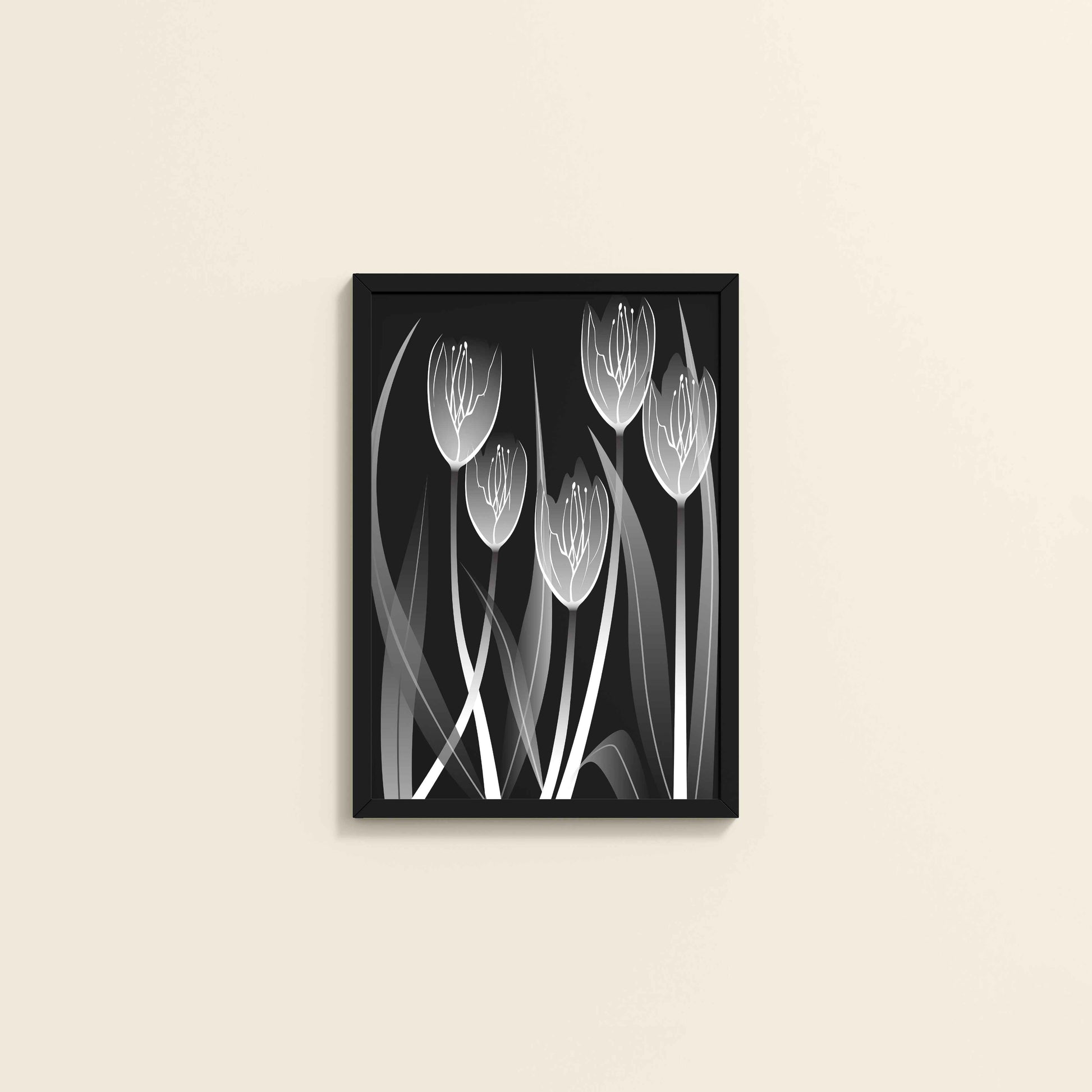 Wall View of Tulip Grace – Black & White Minimalist Flower Line Art in Black Color Frame