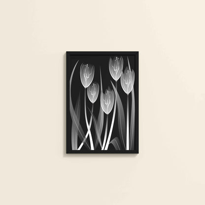 Wall View of Tulip Grace – Black & White Minimalist Flower Line Art in Black Color Frame