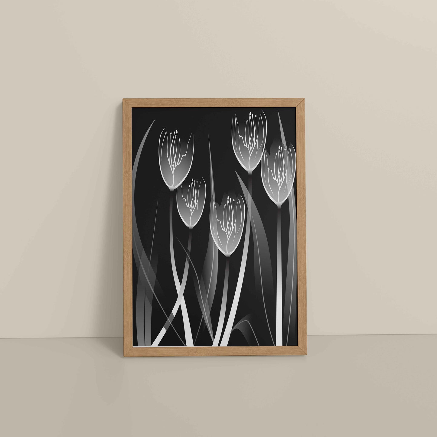 Floor View of Tulip Grace – Black & White Minimalist Flower Line Art in Natrual Color Frame