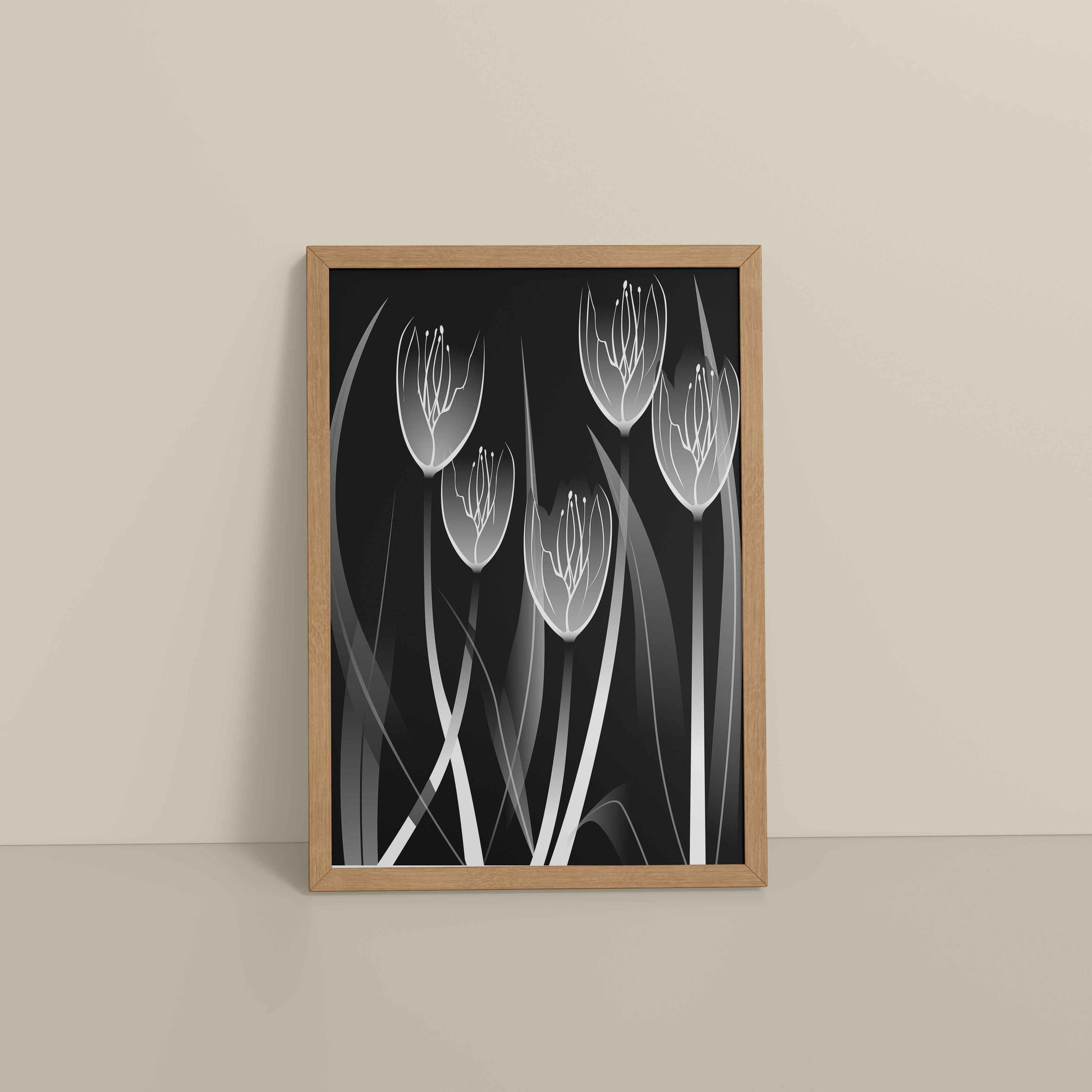 Floor View of Tulip Grace – Black & White Minimalist Flower Line Art in Natrual Color Frame