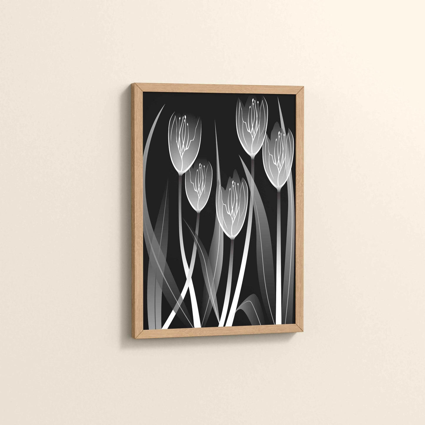 Side View of Tulip Grace – Black & White Minimalist Flower Line Art in Natrual Color Frame