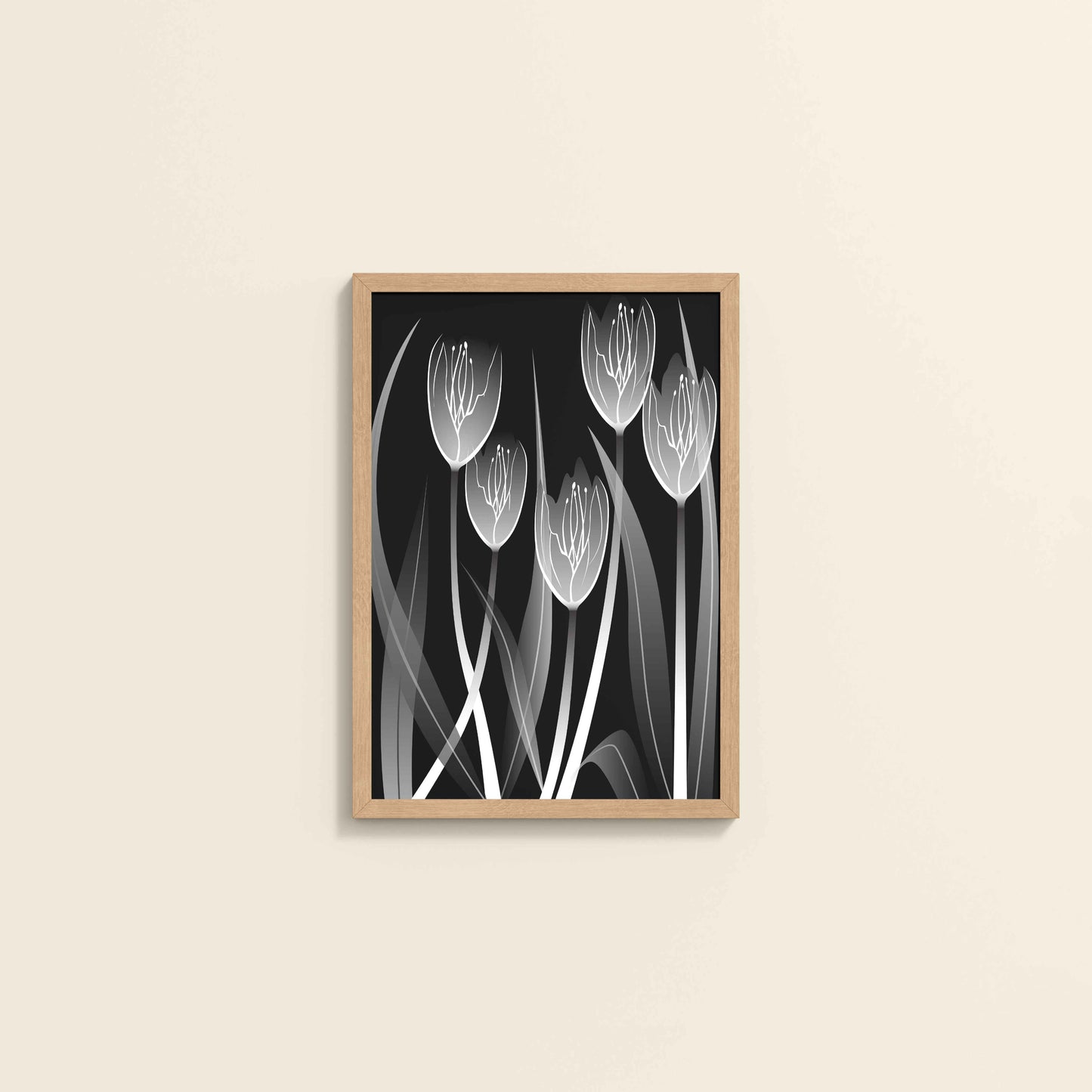 Wall View of Tulip Grace – Black & White Minimalist Flower Line Art in Natrual Color Frame