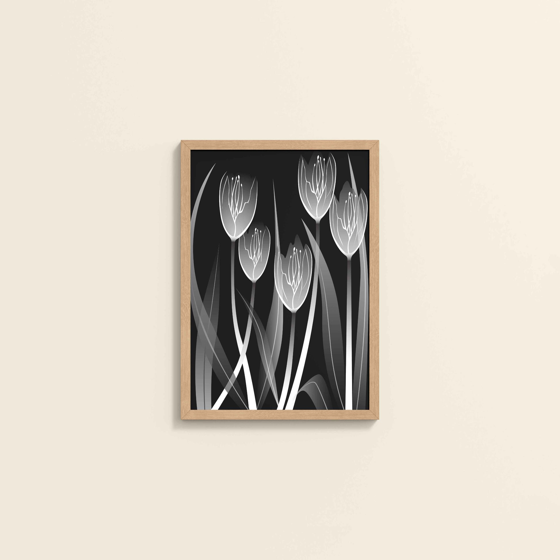 Wall View of Tulip Grace – Black & White Minimalist Flower Line Art in Natrual Color Frame