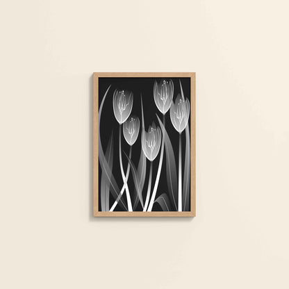 Wall View of Tulip Grace – Black & White Minimalist Flower Line Art in Natrual Color Frame