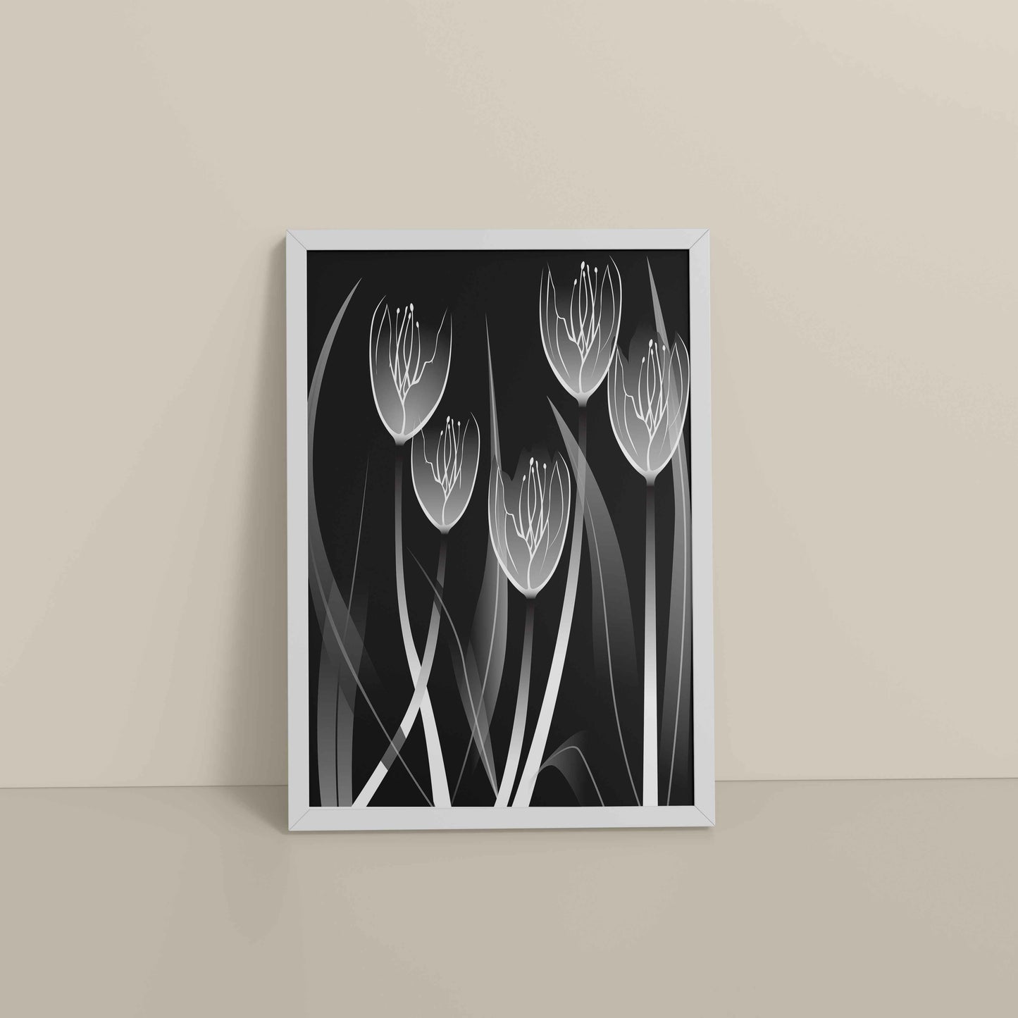 Floor View of Tulip Grace – Black & White Minimalist Flower Line Art in White Color Frame
