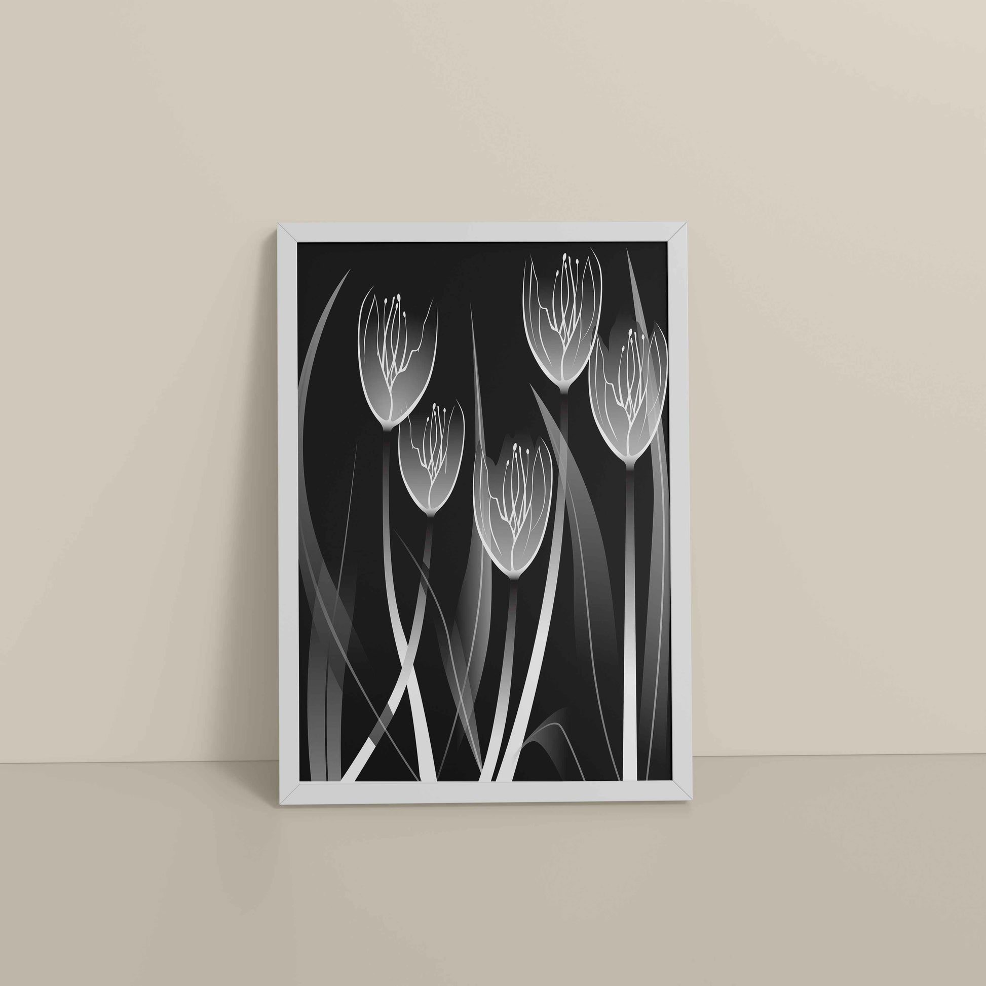 Floor View of Tulip Grace – Black & White Minimalist Flower Line Art in White Color Frame