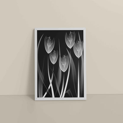 Floor View of Tulip Grace – Black & White Minimalist Flower Line Art in White Color Frame