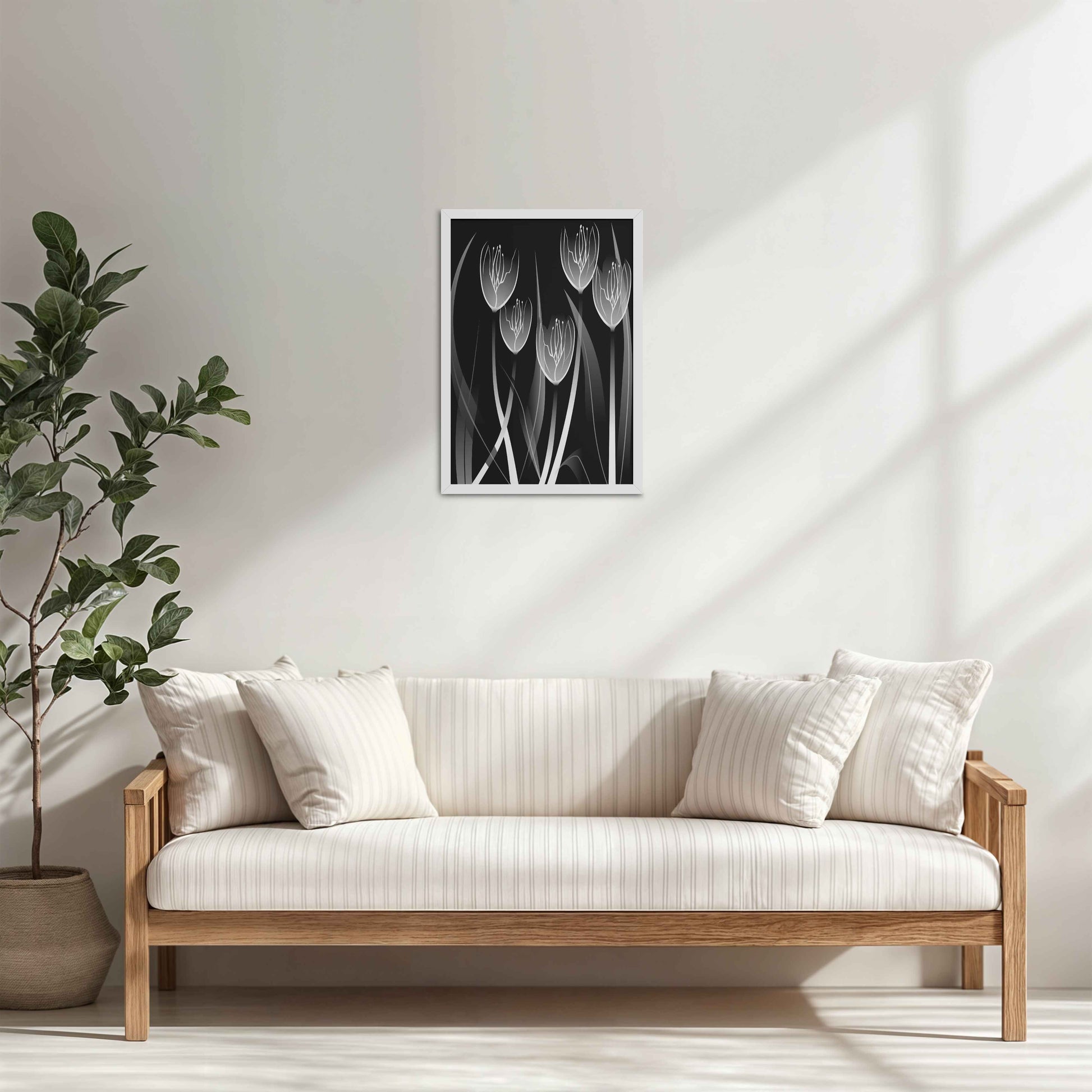Living Room Cabinet Table Preview of Tulip Grace – Black & White Minimalist Flower Line Art in White Color Frame