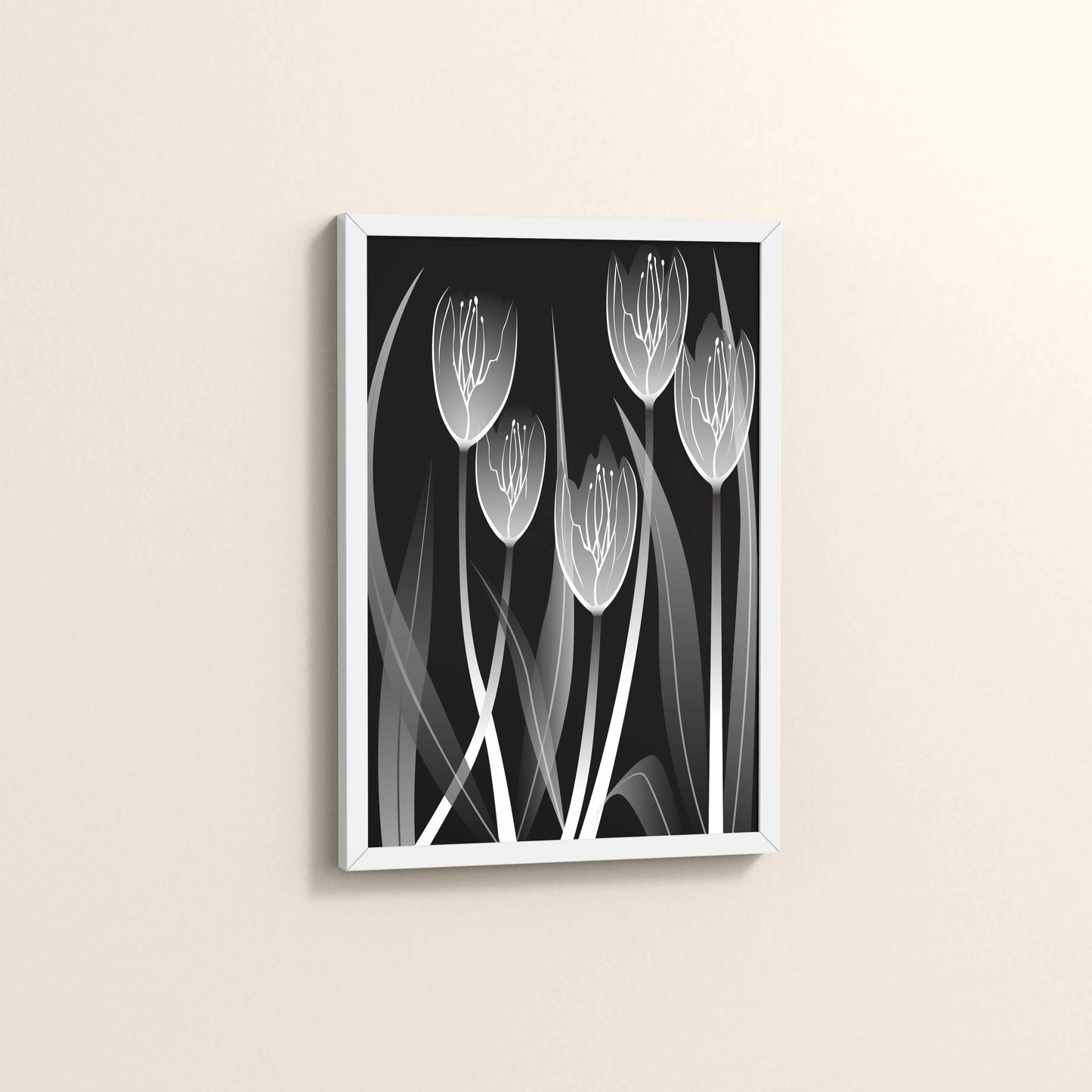 Side View of Tulip Grace – Black & White Minimalist Flower Line Art in White Color Frame