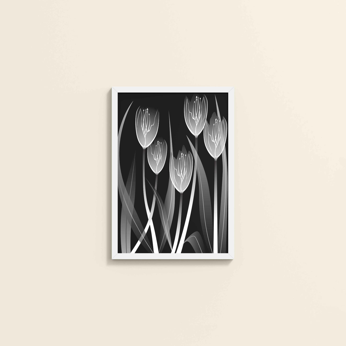 Wall View of Tulip Grace – Black & White Minimalist Flower Line Art in White Color Frame