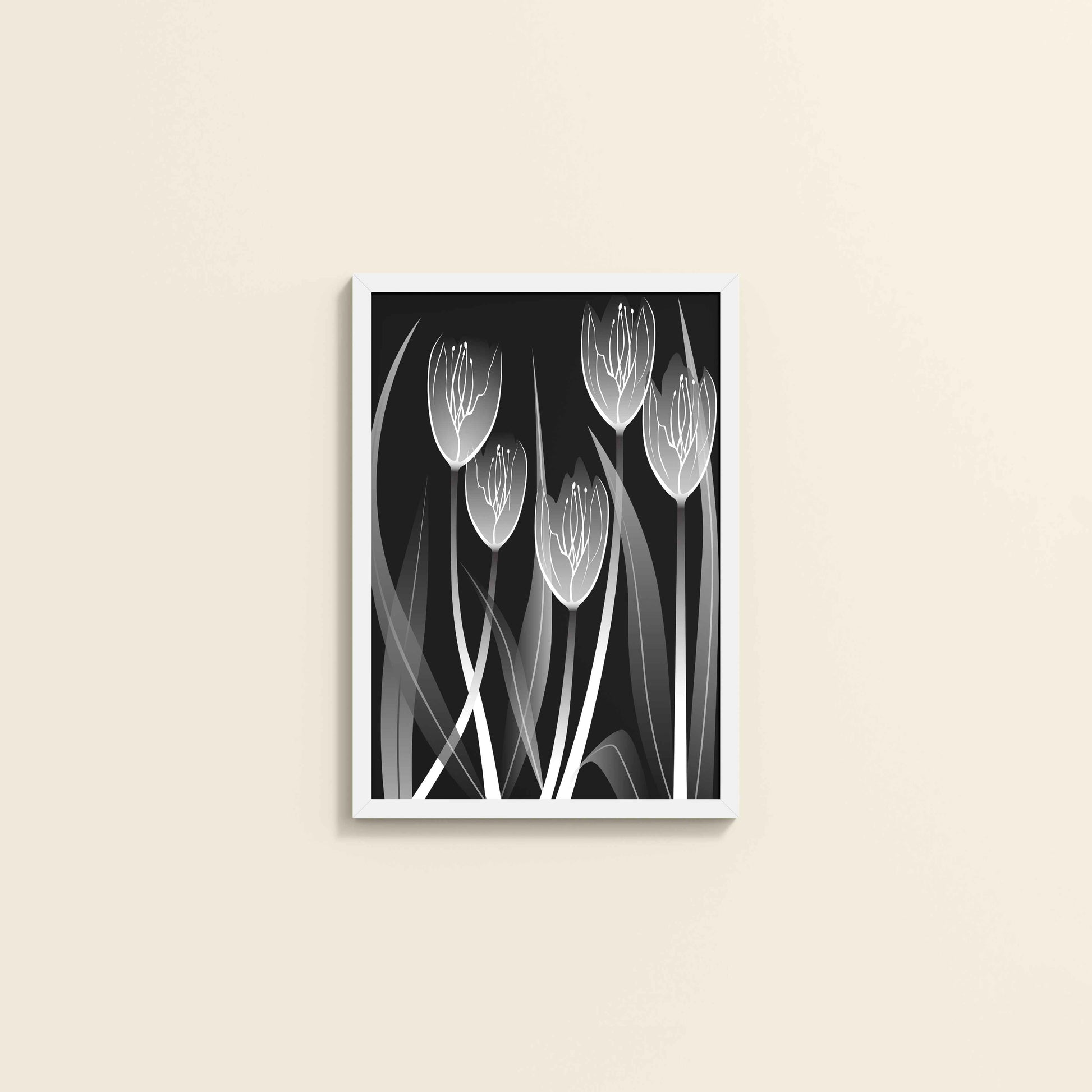 Wall View of Tulip Grace – Black & White Minimalist Flower Line Art in White Color Frame