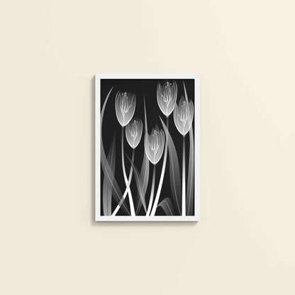 Wall View of Tulip Grace – Black & White Minimalist Flower Line Art in White Color Frame