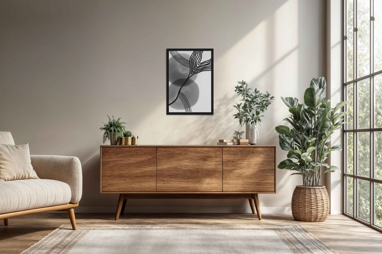 Living Room Cabinet Preview of Waves of Contrast – Black and White Abstract Art in Black Color Frame