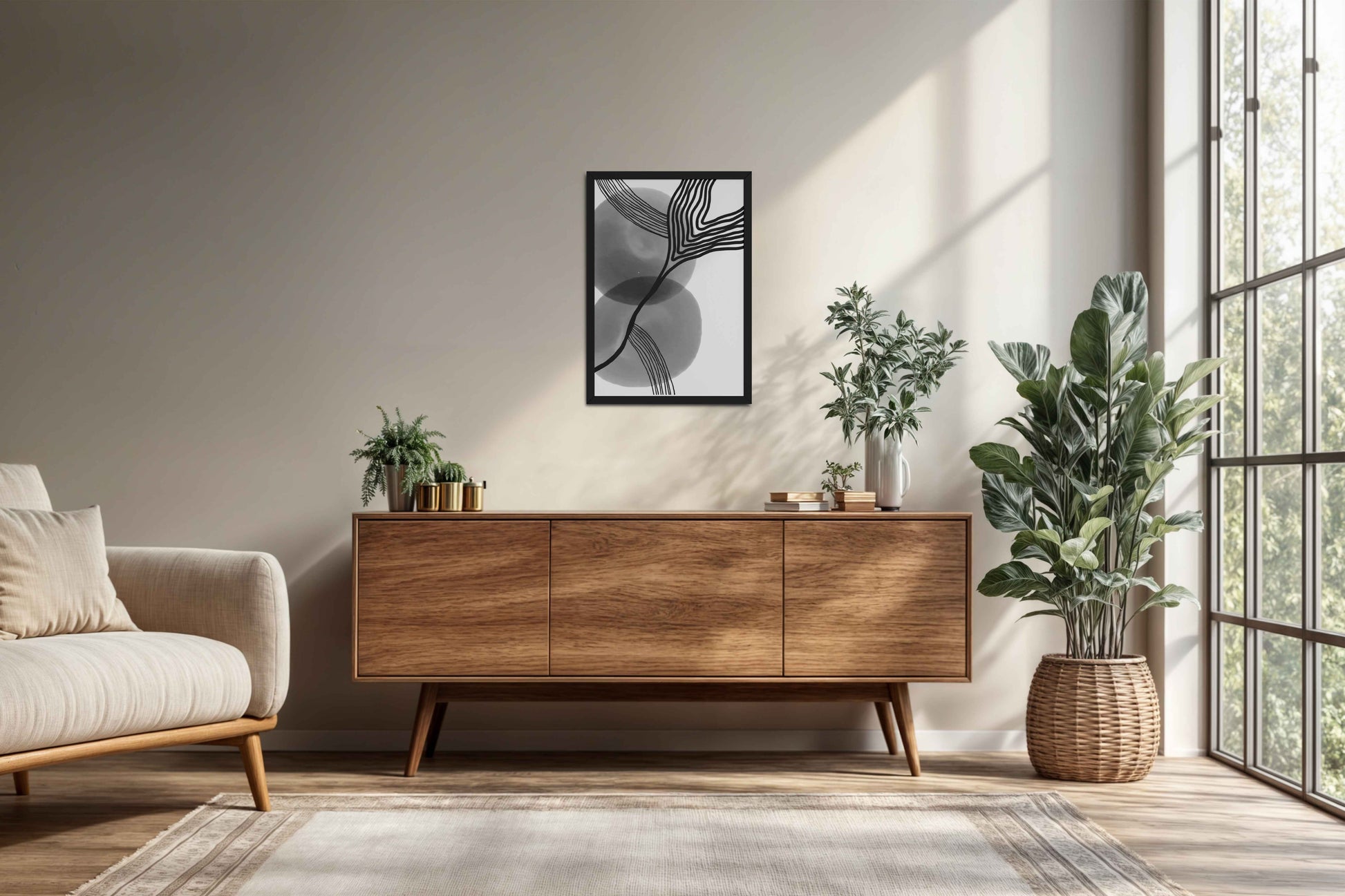 Living Room Cabinet Preview of Waves of Contrast – Black and White Abstract Art in Black Color Frame