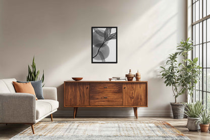 Living Room Sofa Preview of Waves of Contrast – Black and White Abstract Art in Black Color Frame