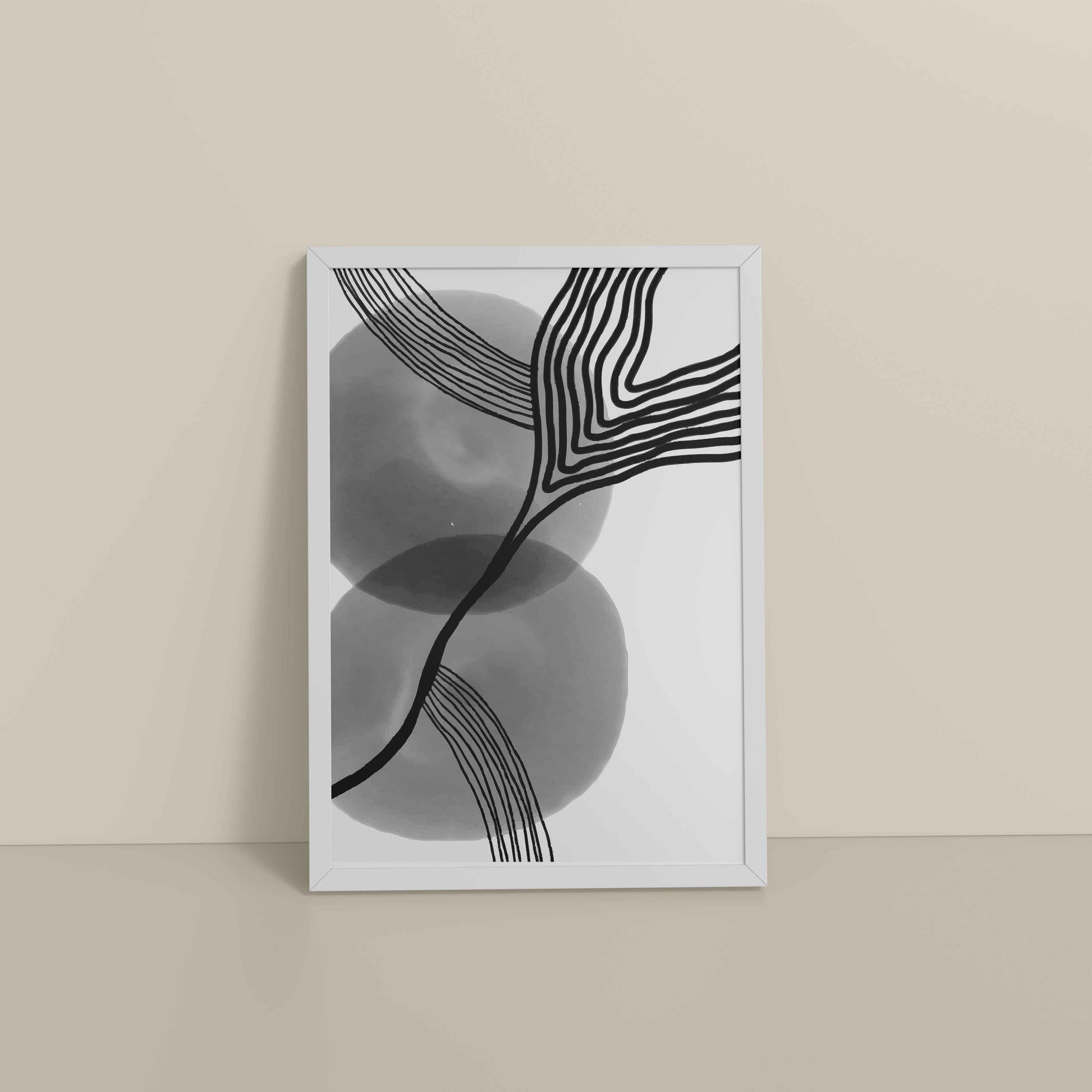 Floor View of Waves of Contrast – Black and White Abstract Art in White Color Frame
