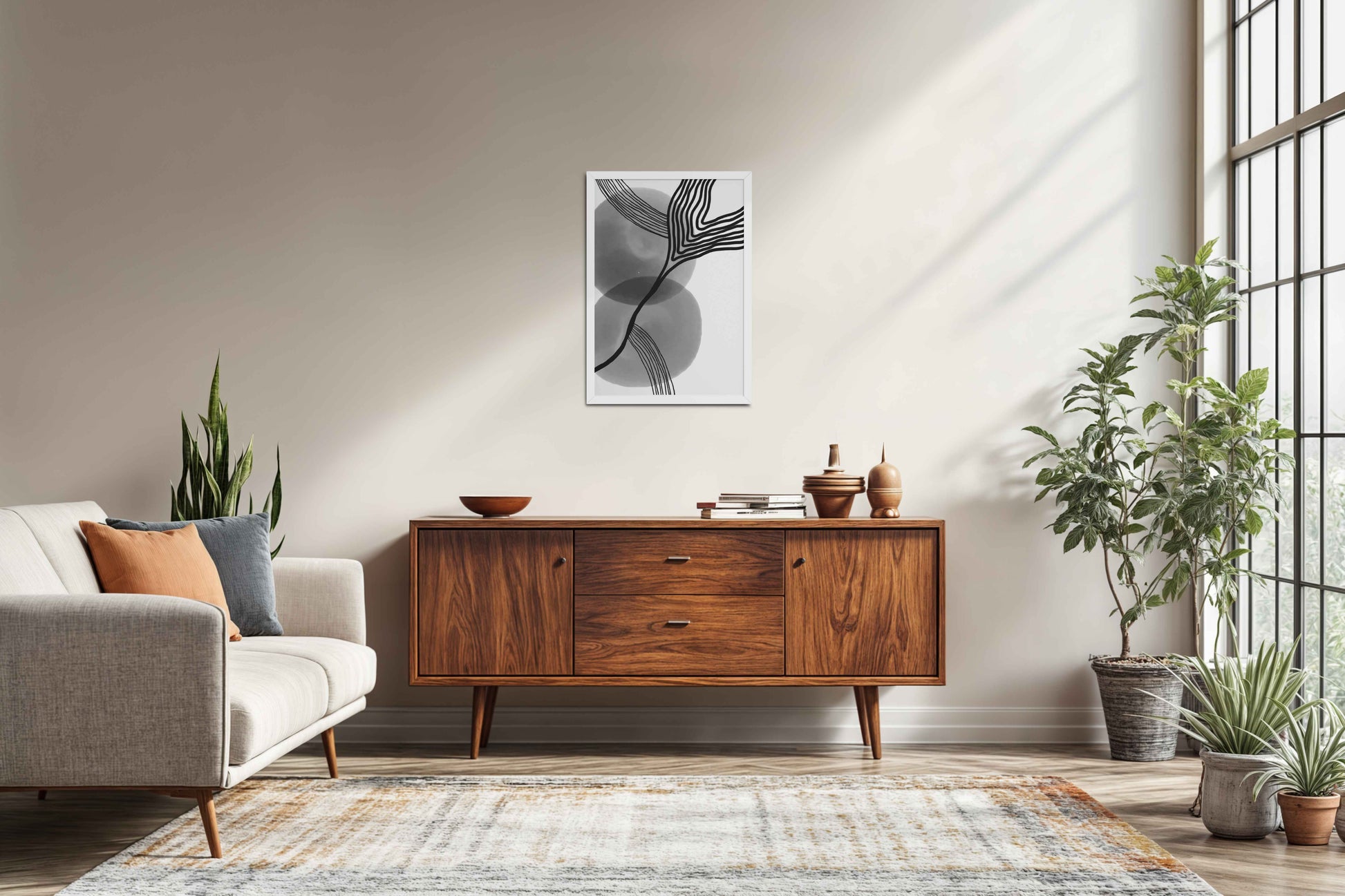 Living Room Sofa Preview of Waves of Contrast – Black and White Abstract Art in White Color Frame