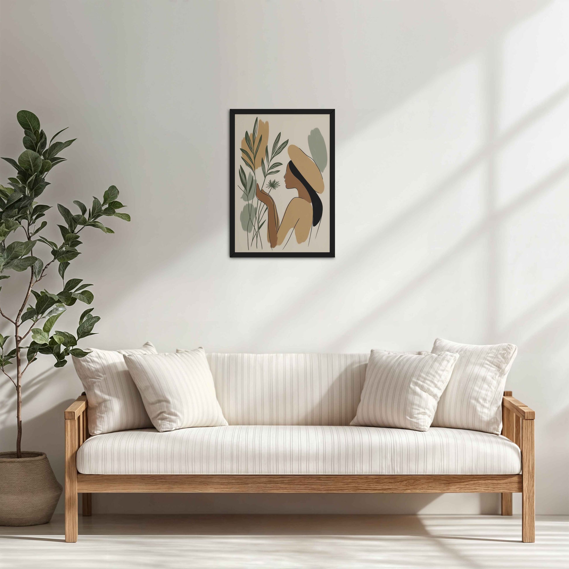 Living Room Cabinet Table Preview of Leafy Accents – Elegant Woman Line Drawing in Black Color Frame