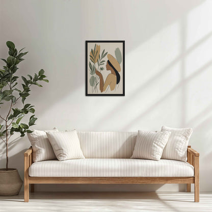 Living Room Cabinet Table Preview of Leafy Accents – Elegant Woman Line Drawing in Black Color Frame
