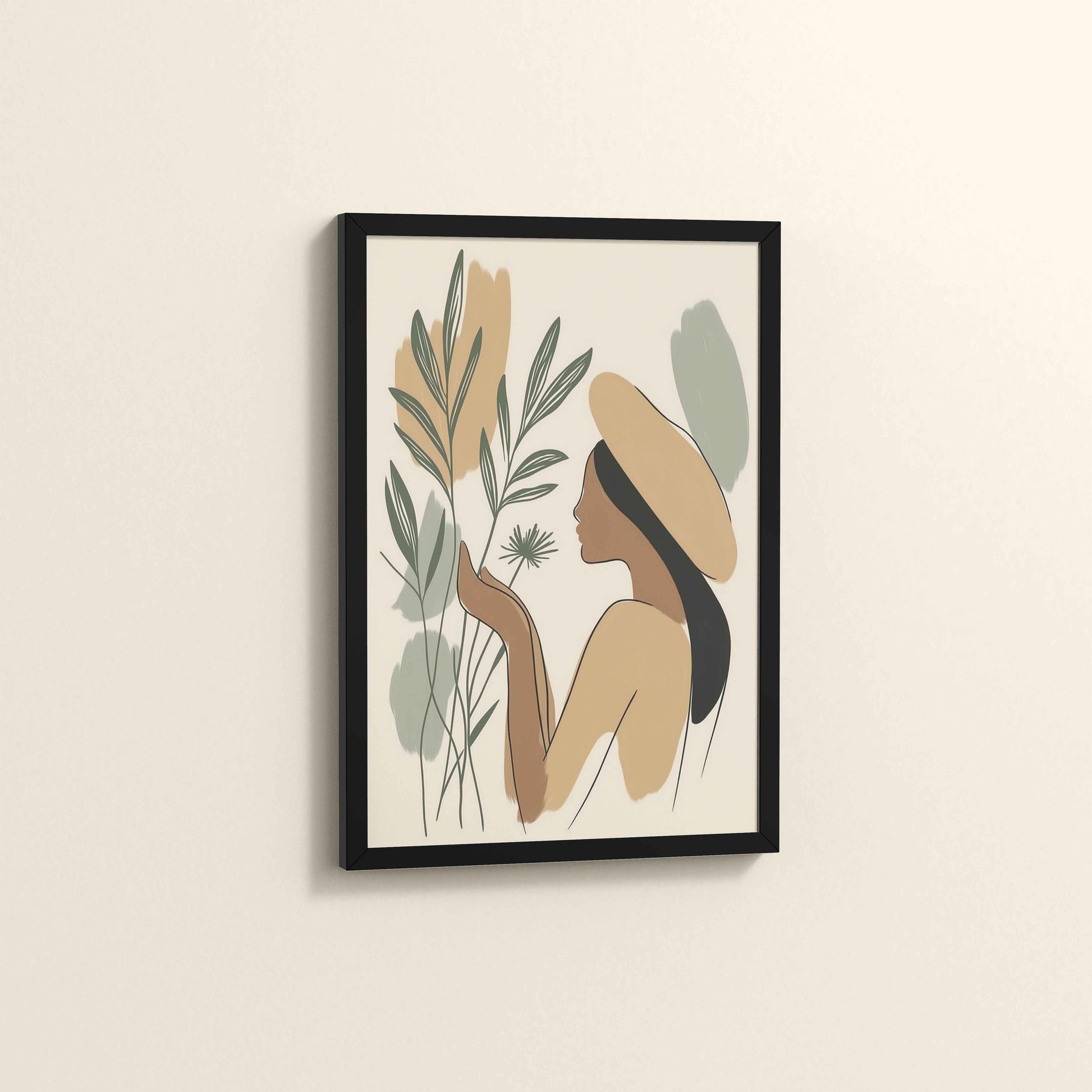 Side View of Leafy Accents – Elegant Woman Line Drawing in Black Color Frame