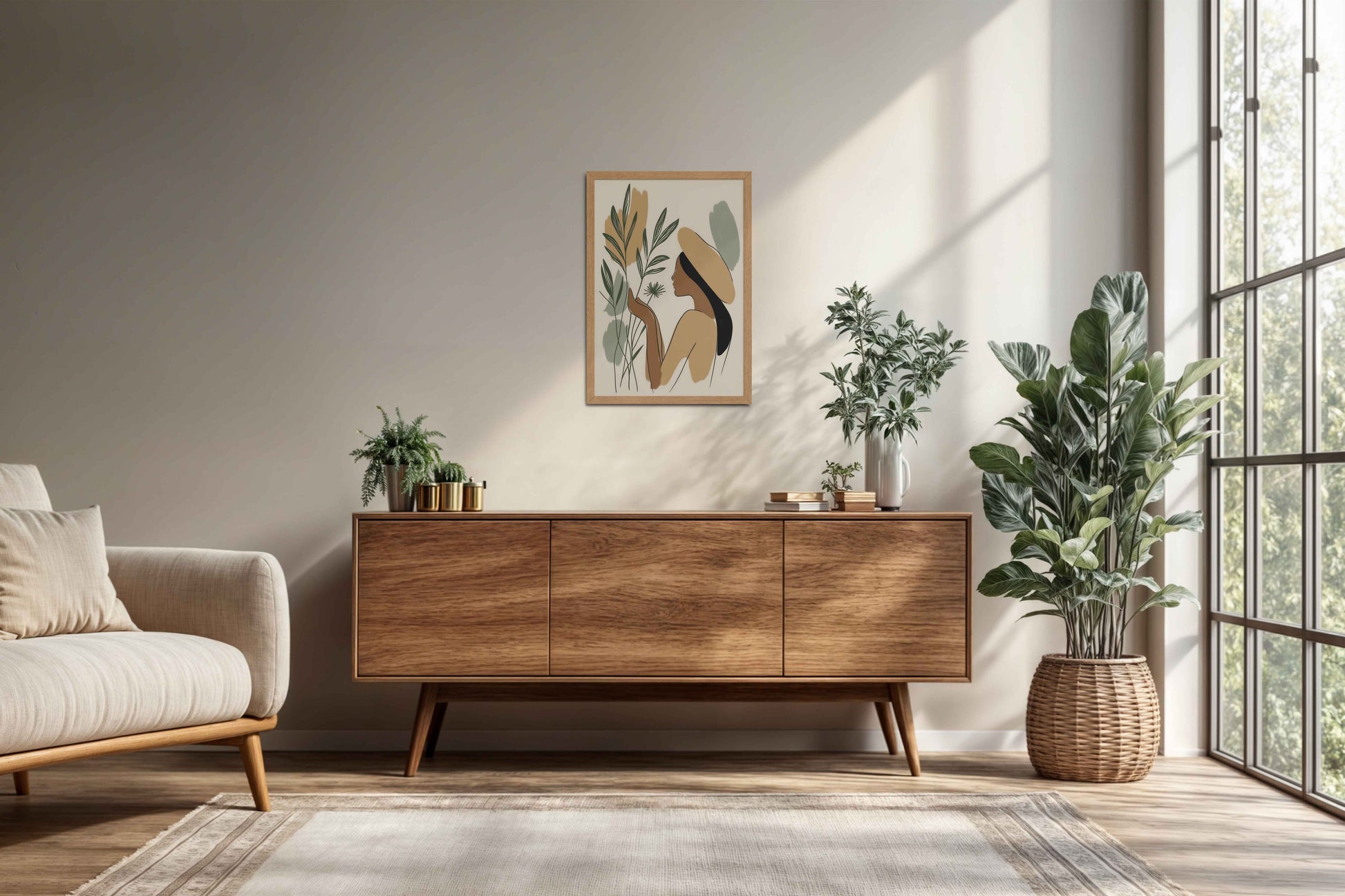 Living Room Cabinet Preview of Leafy Accents – Elegant Woman Line Drawing in Natrual Color Frame