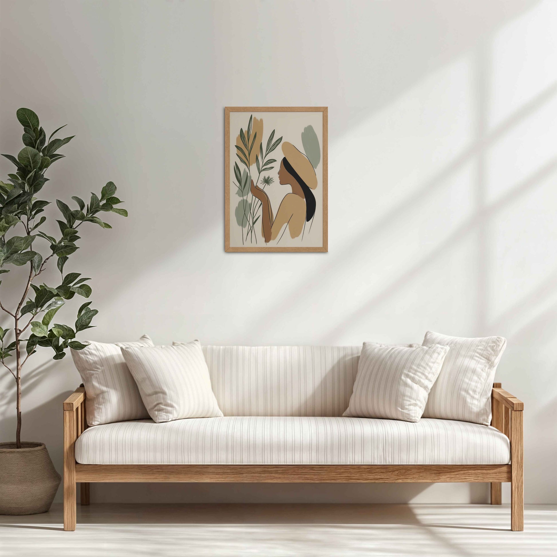 Living Room Cabinet Table Preview of Leafy Accents – Elegant Woman Line Drawing in Natrual Color Frame