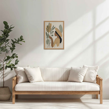Living Room Cabinet Table Preview of Leafy Accents – Elegant Woman Line Drawing in Natrual Color Frame